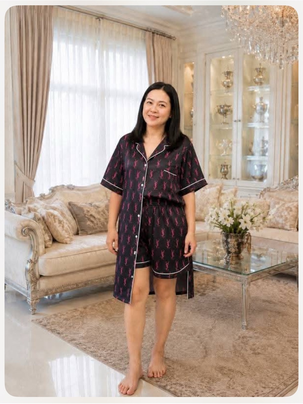 Plus, size pajama set Black & Pink Short-Sleeve Satin Pajama Set